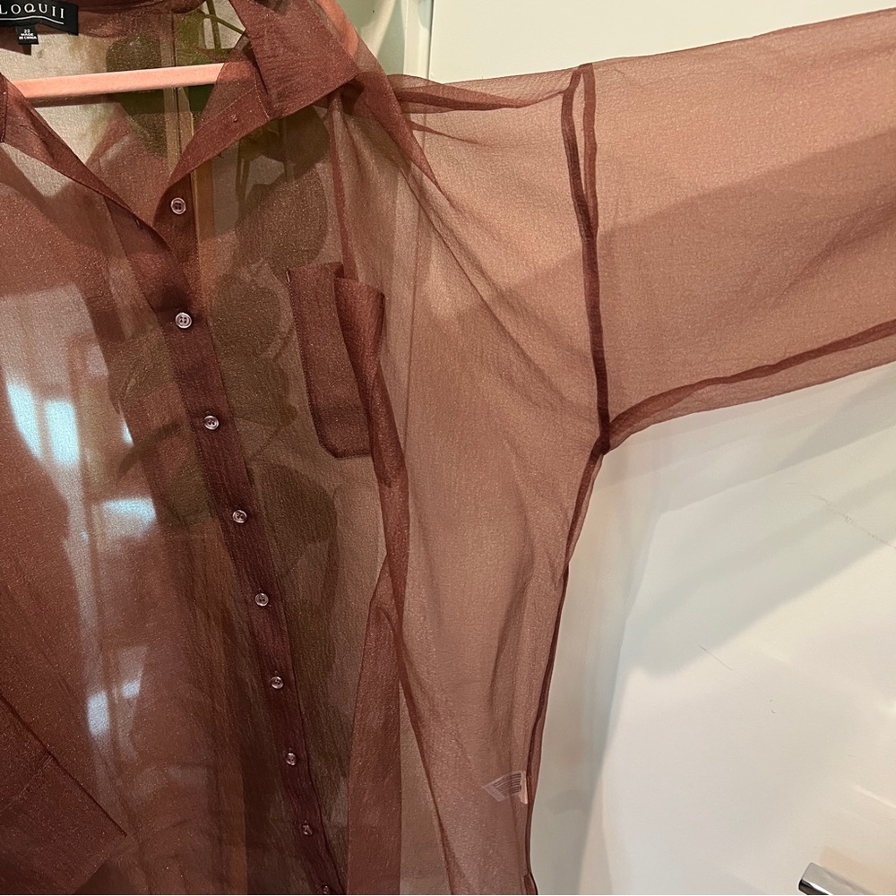 Brown sheer button up top - Picture 3 of 6